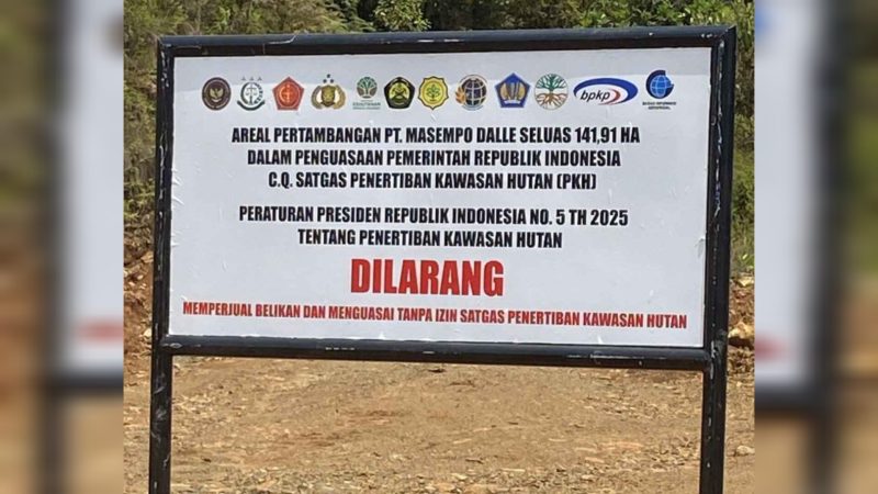 Perusahaan tambang Ketua Kadin Sultra Anton Timbang disegel Satgas Penertiban Kawasan Hutan (PKH) pada Oktober 2025 lalu akibat menambang ilegal di kawasan hutan. (Foto: Istimewa)